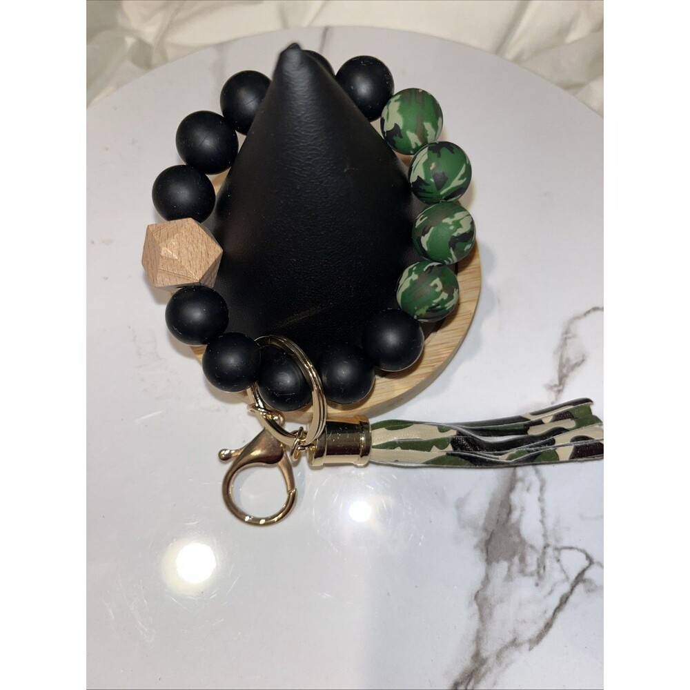 Silicone Beaded Wristlet Keychain Bracelet Tassel Key Ring Holder